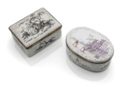 TWO SOUTH GERMAN COPPER-GILT MOUNTED ENAMEL SNUFF-BOXES AND COVERS