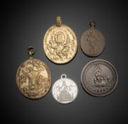 Four pendants and brooch with St. John of Nepomuk medals and coins