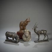 THREE ANIMAL BRONZES AND A DOOR KNOB IN SHAPE OF AN AFRICAN'S HEAD