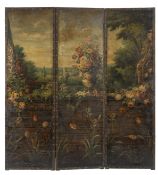 A THREE-PIECE PARAVENT WITH LANDSCAPE PATTERN