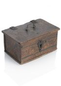 AN IRON MOUNTED POLYCHROME PAINTED WISMUT BOX AND LID