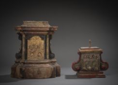 TWO PEDESTALS WITH DEPICTION OF THE THROWING OF THE BRIDGE