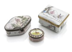 THREE METAL MOUNTED FAIENCE AND ENAMELLED COPPER SNUFF BOXES AND COVERS