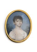A PORTRAIT MINIATURE OF A GIRL IN A WHITE DRESS