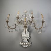 A FRENCH CRYSTAL GLASS AND METAL FIVE LIGHT WALL LIGHT
