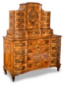 A SOUTH GERMAN GILT BRONZE MOUNTED BURR WALNUT, BOG OAK AND FRUITWOOD MARQUETRY BUREAU SECRETAIRE