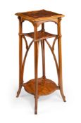 A FRENCH WALNUT, MAHOGANY, KINGWOOD AND FRUITWOOD MARQUETRY ETAGERE