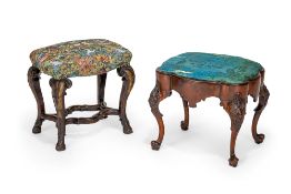 TWO ENGLISH WALNUT AND PARCEL-GILT STOOLS