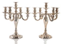 A PAIR OF GERMAN FIVE LIGHT SILVER CANDELABRA