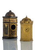 A SMALL HEXAGONAL ORMOLU RENAISSANCE TABLE CLOCK WITH ORIGINAL CASE