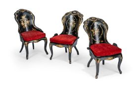 A PAIR OF VICTORIAN MOTHER-OF-PEARL INLAID AND JAPANNED PAPIER-MACHE CHAIRS