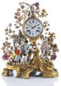 A LOUIS XV ORMOLU AND MEISSEN PORCELAIN MANTEL CLOCK