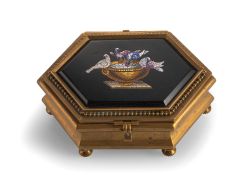 A SMALL BRASS BOX WITH MICRO MOSAIC DEPICTING PLINY'S PIGEONS