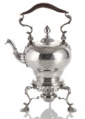 A GEORGE II INVERTED PEAR-SHAPED TEA KETTLE AND LAMPSTAND