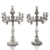 A LARGE PAIR OF SILVER FIVE LIGHT GIRANDOLES