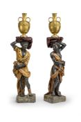 A PAIR OF ITALIAN BLACKAMOOR GUERIDONS WITH A PAIR OF BRONZE VASES
