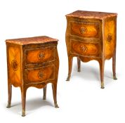 A PAIR OF ITALIAN ORMOLU MOUNTED TULIPWOOD AND KINGWOOD MARQUETRY COMMODES