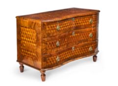 AN AUSTRIAN BRONZE MOUNTED WALNUT AND MAPLE PARQUETRY COMMODE