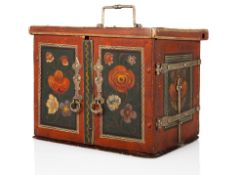 A FLORAL PAINTED AND IRON MOUNTED WISMUTH CABINET CASE