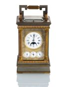 A FRENCH PLATED BRASS TRAVELLERS'S ALARM CLOCK WITH FULL CALENDARIUM