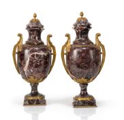 A FRENCH PAIR OF GILT BRASS-MOUNTED RED AND GREY VARIEGATED MARBLE VASES