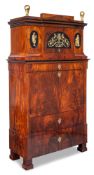 A NORTH GERMAN GILT METAL MOUNTED MAHOGANY, BURR BIRCH, BURR MAPLE AND EBONIZED SECRETAIRE-A-ABATTA