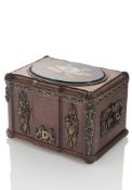 A COPPER MOUNTED OAKWOOD CIGAR BOX WITH MICRO MOSAIC