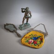 A GLASS PEARL HANDBAG, A BRONZE HAND MIRROR, A BRONZE FIGURE OF HERCULES