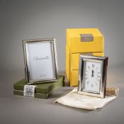 THREE TABLE CLOCKS; TWO TABLE FRAMES