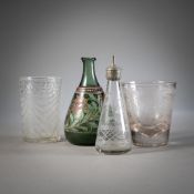 TWO BEAKER, A BABY'S BOTTLE AND A PAINTED BOTTLE