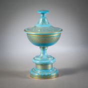 A BLUE GLASS CONFECTIONERY BOWL AND COVER