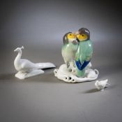 A PAIR OF PARAKEETS A PEACOCK AND A DOVE