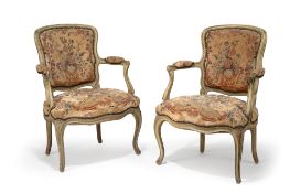A PAIR OF LOUIS XV GREYPAINTED FAUTEUILS