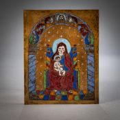 A MEDIEVAL STYLE ENAMEL PLAQUE WITH VIRGIN AND CHILD
