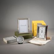 TWO TABLE CLOCKS, TWO PHOTO FRAMES, THERMO-HYGROMETER