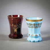 A LYTHIALIN GLASS BEAKER AND A MILK GLASS BEAKER