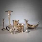 A TEAPOT, 3 VASES, A BOWL AND TWO CANDLESTICKS