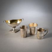 THREE SILVER BEAKER AND A FOOTED SUGAR BOWL