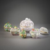 SIX FILIGREE OPENWORK PORCELAIN BOXES AND COVERS