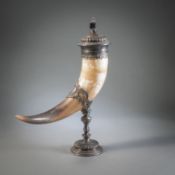 A LARGE FIN-DE-SIECLE METAL-PLATE MOUNTED HORN CUP AND COVER