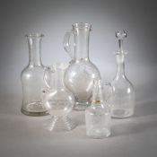 FIVE GLASS BOTTLES/CARAFES
