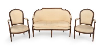 A PAIR OF LOUIS-XVI BEECHWOOD FAUTEUILS AND A MATCHING SETTEE