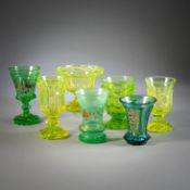 SIX GLASSES AND A FOOTED DISH