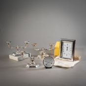 THREE CANDLESTICKS, A TABLE CLOCK AND HYGROMETER