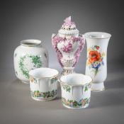 TREE VASES AND TWO CACHEPOTS