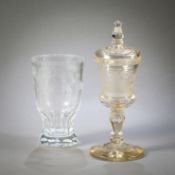A CUP AND COVER AND A LARGE BEAKER WITH HUNTING SCENES