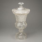 A LARGE CHRYSTAL GLASS VASE WITH LINER AND COVER