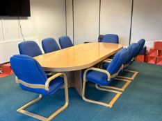 Beech Effect Boardroom Table With 8 Blue Fabric Chairs