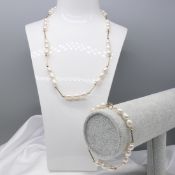 Matching Pearl Necklace & Bracelet With Yellow Gold Linking Bars & Balls