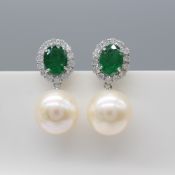 A Eye Catching Pair Of Large Cultured Pearl, Emerald & Diamond Earrings In 18ct White Gold